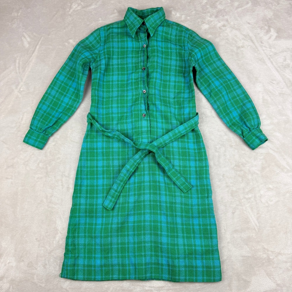 Vintage Donald Davies Shirt Dress 4 Green Turquoise Plaid Wool Irish Belted 70s